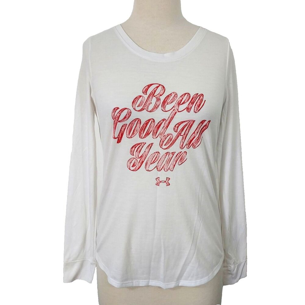 Under Armour Heat Gear Long Sleeve T Shirt Top Medium White Pullover Christmas